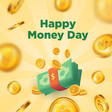 Happy Money Day. Background with gold coins and dollars. Vector illustration.のイラスト素材