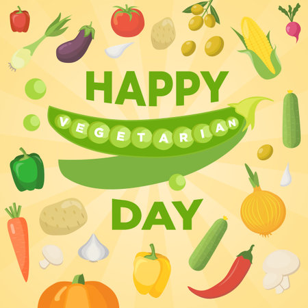 Happy Vegetarian Day Poster with Vegetables. Vector Illustration.のイラスト素材