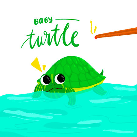 Cute cartoon turtle swimming in the sea. Hand drawn vector illustration.の写真素材