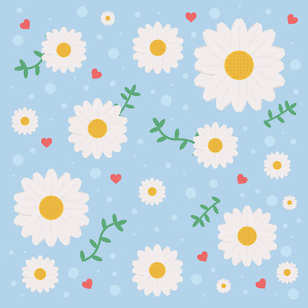Daisy flower pattern with blue background and heart and leaf around the flower wallpaper.のイラスト素材