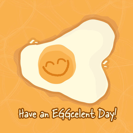 Fried egg Children Illustration. Egg vector illustration on orange background. The text said 'Have an EGGcelent Day'. It's a pun for Have an Excellent Day,のイラスト素材