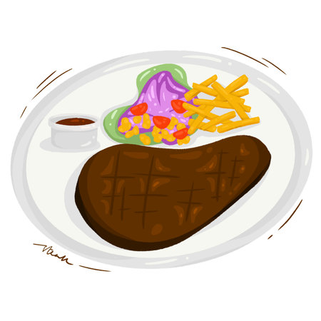Steak with fries and sauce on a plate. Vector illustration.の写真素材
