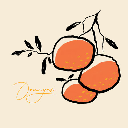 Hand drawn orange branch with fruits and leaves. Vector illustration. Design element.の写真素材