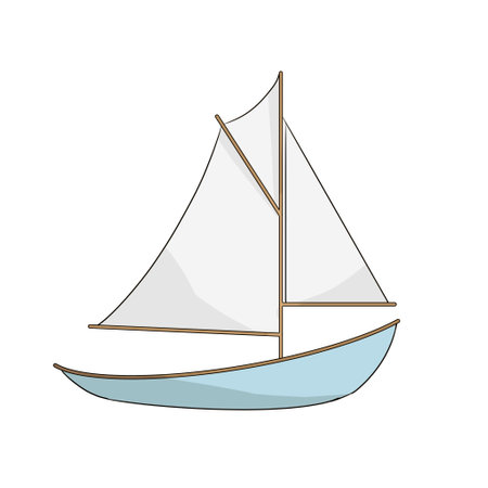 Blue Yacht with Simple Stylized Cartoon Illustrationの写真素材