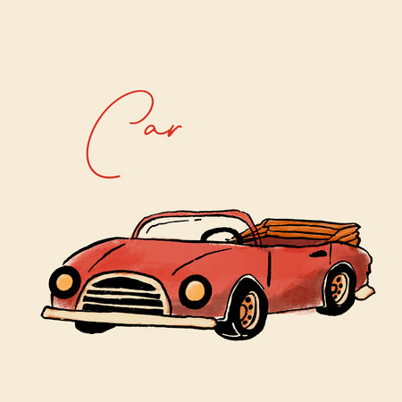 Hand drawn illustration of a red retro carの写真素材