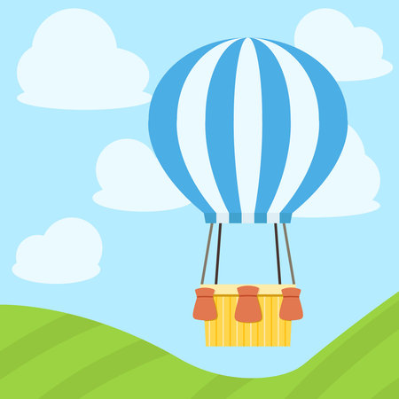 Hot air balloon in the blue sky. Air balloon children Illustration. Air balloon vector illustration in flat style.のイラスト素材