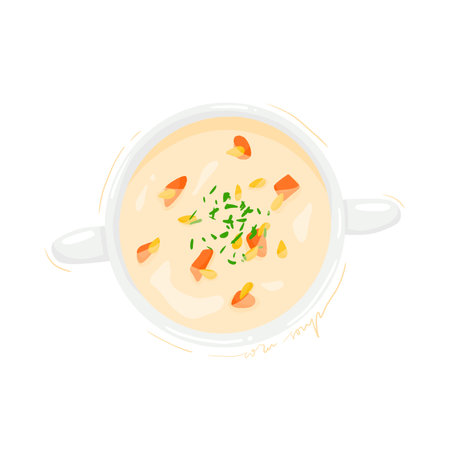 Creamy chicken soup in a white bowl. Vector illustration.の写真素材