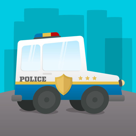 Police car children illustration. Cute police car illustration. Police car vector illustration in flat style. Police patrol car in the background of the city.のイラスト素材