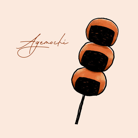 Agemochi deep fired rice cake on a stick. Hand drawn sketch. Vector illustration.の写真素材