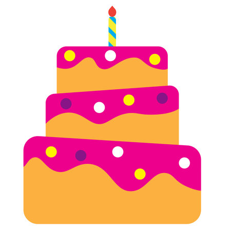 A cartoon minimalist illustration of a tiered birthday cake with a candle on top