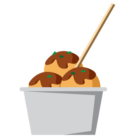 A minimalist illustration of a bowl of takoyaki (Japanese octopus dough balls) covered with sauce and green onionsのイラスト素材