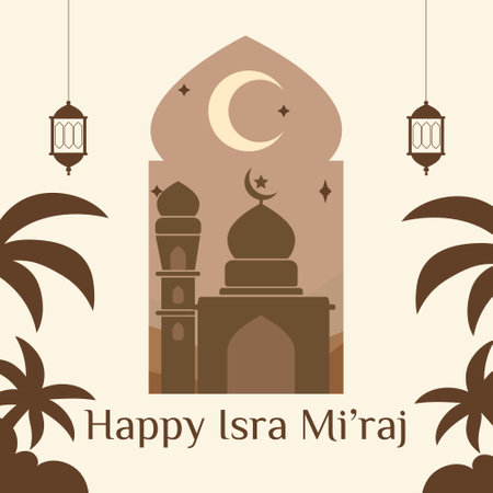 happy isra miraj mubarak greeting card with mosque and palm treesの写真素材