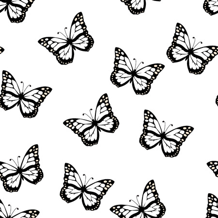 Set of hand drawn butterflies. Entomological collection of highly detailed hand drawn butterflies. Retro vintage style. Seamless pattern. Vector illustration.のイラスト素材