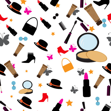 Makeup, cosmetics seamless pattern. Nail polish, mascara, lipstick,brush, powder, lip gloss, lips. Lettering Perfumes, Cosmetics. Vector illustration.のイラスト素材