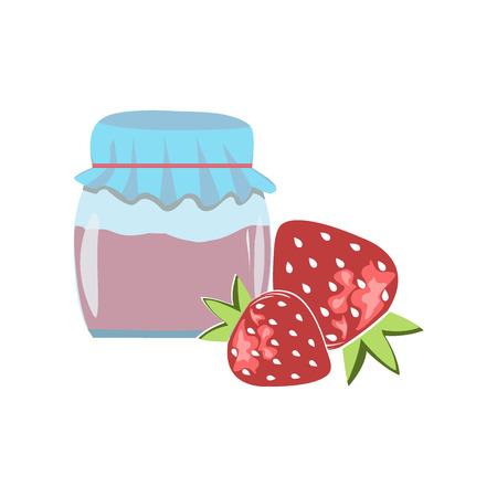 Vector illustration of glass jar with strawberry jam. Realistic delicious homemade strawberry jam, fruit preserves.のイラスト素材
