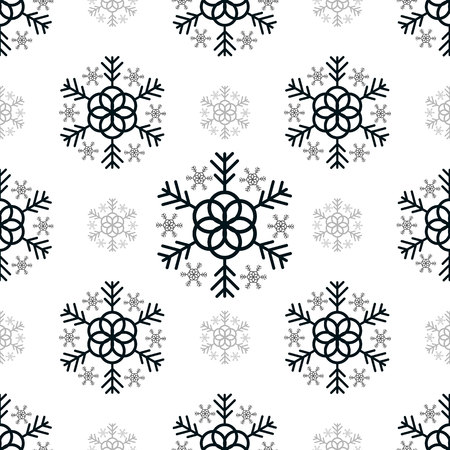 Seamless pattern black silhouettes snowflakes set isolated on white background, for winter invitations cardのイラスト素材