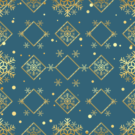 Christmas gold snowflake seamless pattern. Golden snowflakes on blue rhombus background. Winter snow texture wallpaper.のイラスト素材