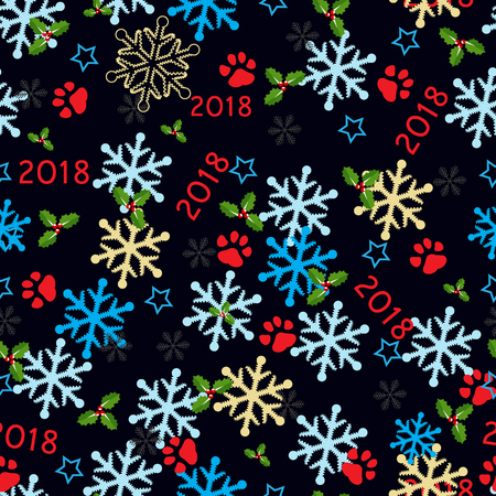 Christmas icons and labels xmas tree, star, snowflake, bells, ball, snowman, holly, candy, gift vector set of elements on dark pattern backgroundのイラスト素材