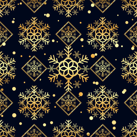 Golden shiny snowflake seamless on dark background. Glittering xmas snowflake holiday card. Vector illustration.のイラスト素材