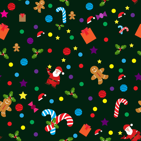 Christmas icons and labels xmas tree, star, snowflake, bells, ball, snowman, holly, candy, gift vector set of elements on dark patternのイラスト素材