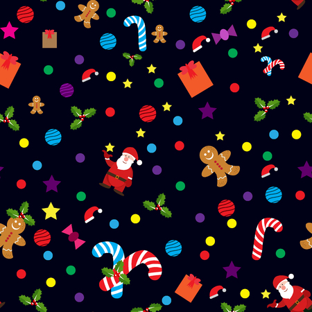 Christmas icons and labels xmas tree, star, snowflake, bells, ball, snowman, holly, candy, gift vector set of elements on dark pattern backgroundのイラスト素材