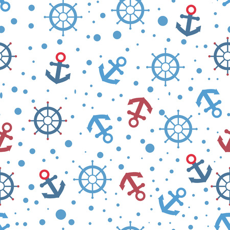 Anchor and Steering Wheel seamless vector pattern in marine style. Minimalistic marine background. Dark blue silhouettes on a white backgroundの写真素材