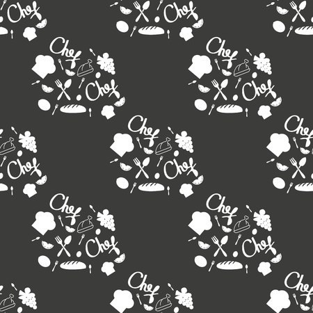 Seamless texture with of kitchen doodle sketch utensils hand-drawn with chalks on blackboard. Can be used for wallpaper, pattern fills, textile, web page background, surface textures.eps 10.のイラスト素材