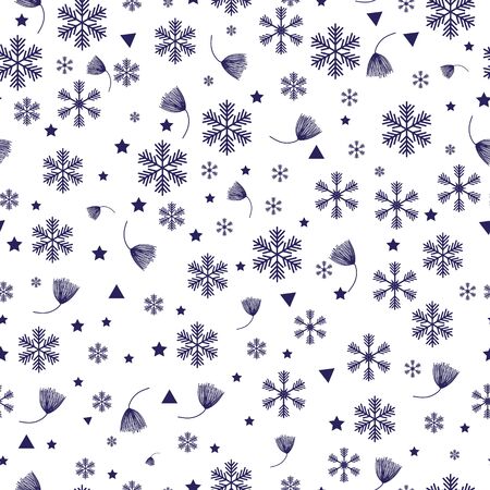 Snowflake line seamless pattern. Layered winter season ornate star background. Linear snow flakes repeat ornament for paper wrap, fabric print, wallpaper decor. Frosty ice outline vector illustrationのイラスト素材