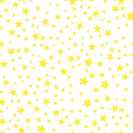 Seamless pattern with cute yellow hand drawn sky with stars on white background. Funny festive wrapping paper. Vector illustration.のイラスト素材