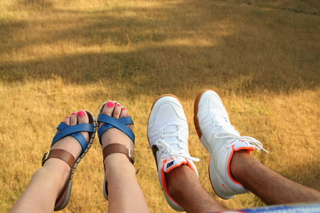 male and female legs at a height. Russiaのeditorial素材