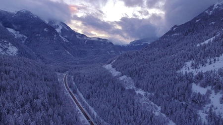 Aerial shot over the Sea to Sky highway near Pemberton, BCの写真素材