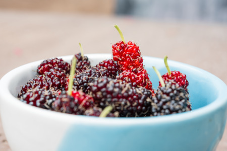 close up Mulberry in a Cup and soft background.