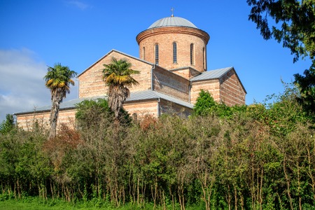 the old Church of the 4th century on the background of blue sky in pizunda, Georgia summer