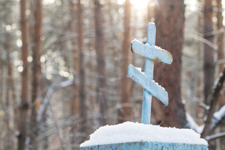grave of an old burial in a forest abandoned cemeteryの写真素材