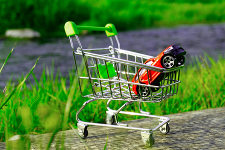 red toy car in a shopping basket on a background of green grass and nature. The concept of natural protection when buying a carの写真素材