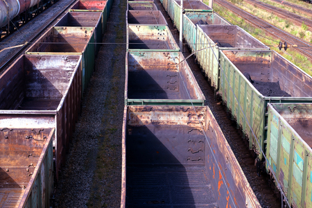 a lot of empty old rusty cars top view, a summer day the train pathの写真素材