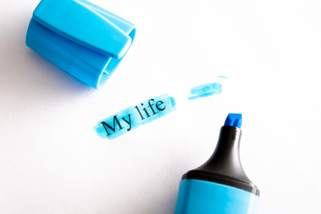 my life is written on white paper, highlighted with a blue marker, marker and paperの写真素材
