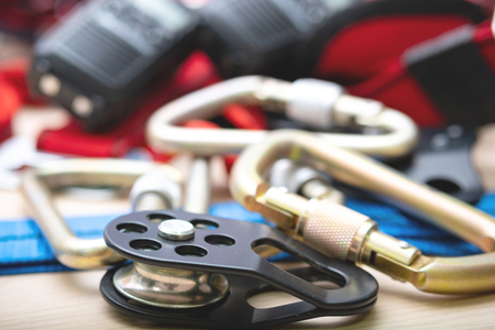 videos for system of pulley and carabiners in industrial climbing, equipment for rescuers