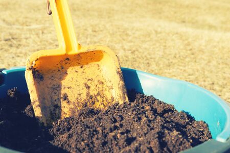 in the blue bucket of earth is a yellow scoop for gardening. soil and spatula for planting in spring