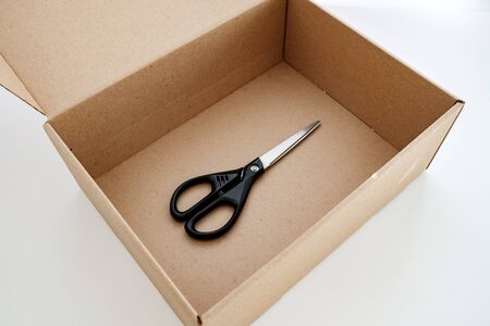 the beige box contains stationery scissors. the package came with scissors white background