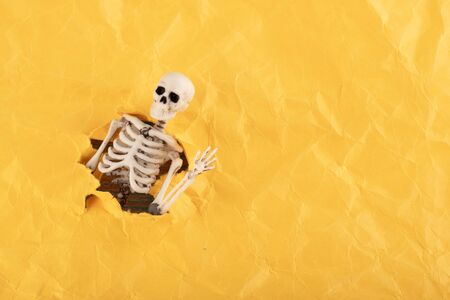 through a torn paper with uneven edges, the skeleton waves. death says helloの写真素材