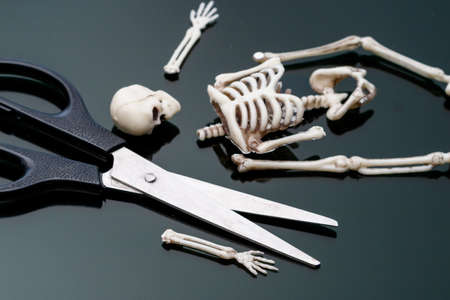fragmented human skeleton on a black surface and scissors. cut a boring skeleton