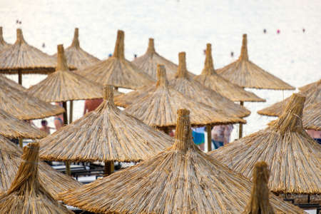 on the beach there are many rows of umbrellas which are covered with straw on the beach. umbrellas from the sunの写真素材