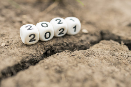 cubes with numbers 2021 symbolizing the year near the crack in the soil. troubled yearの写真素材