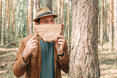 a man in a hat holds a segment of the sawn trunk in front of him, indicating that the wood is not rottenの写真素材