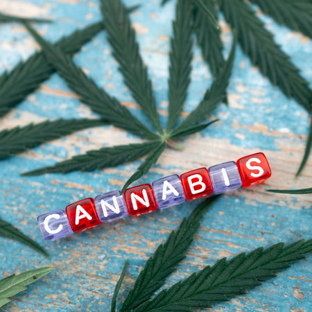 cannabis inscription is laid out from cubes on a wooden surface, around the cubes cannabis leavesの写真素材