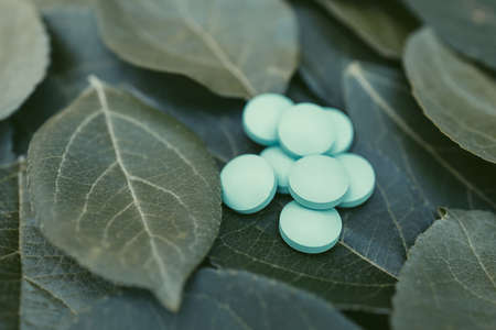a pile of pills on a green leaf, medical drugs from natural raw materialsの写真素材