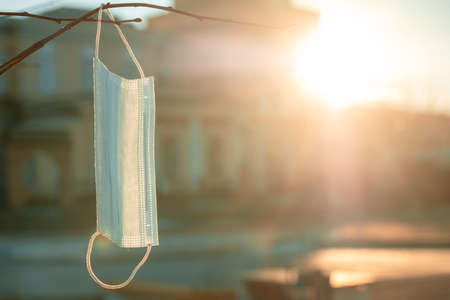 face mask hanging on a tree branch, the problem of waste that is spilled in the windの写真素材
