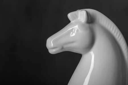 close-up of a white horse chess piece made of stone on a dark background. stone figure with highlightsの写真素材