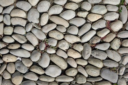 stone surface of smooth stones. decorative masonry. pebbles laid on concrete mortar